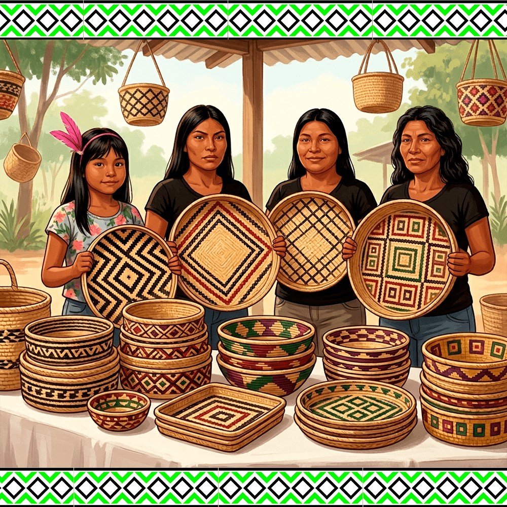 Mulheres indígenas exibindo cestaria artesanal tradicional